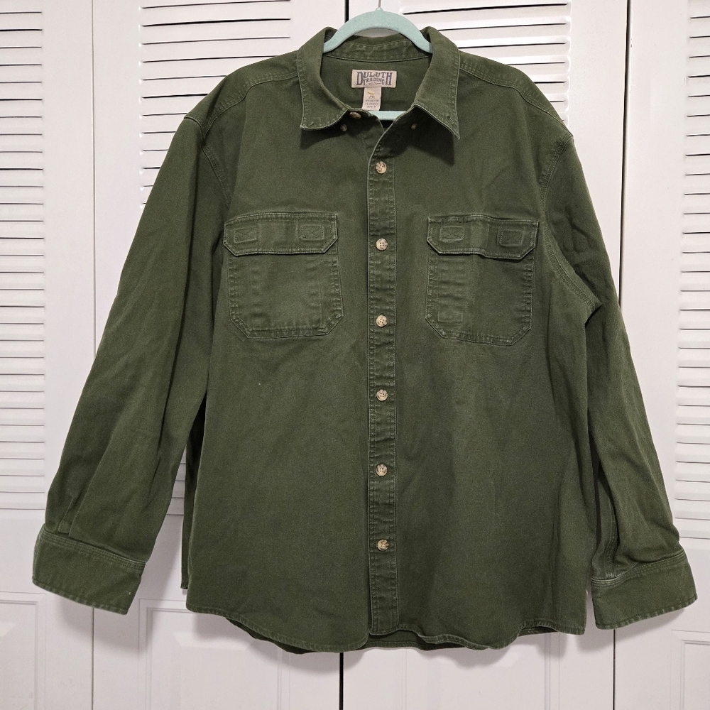 Duluth Trading Large Green Cotton Button Shirt Workwear Chore Collar Sz 2XL #070